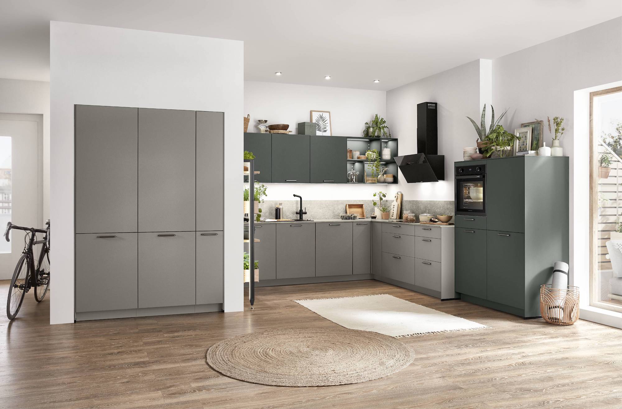 L-Kueche Nobilia Easytouch moderne L-Küche mit Hochschrank Grau