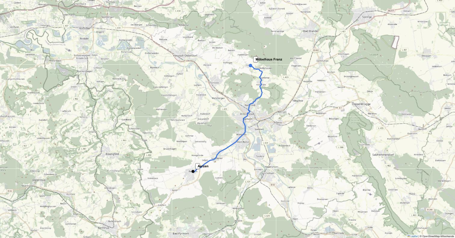 Anfahrt von Aerzen zu Möbelhaus Franz in Pötzen