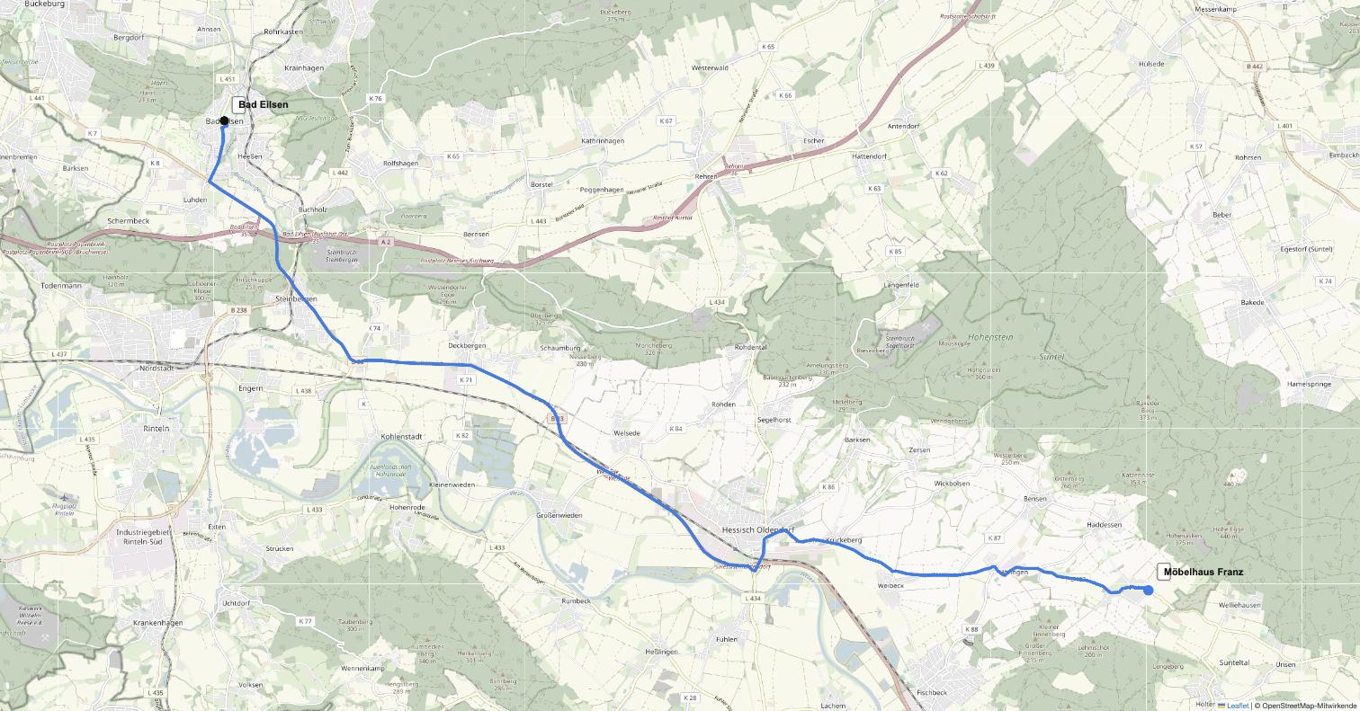 Anfahrt von Bad Eilsen zu Möbelhaus Franz in Pötzen