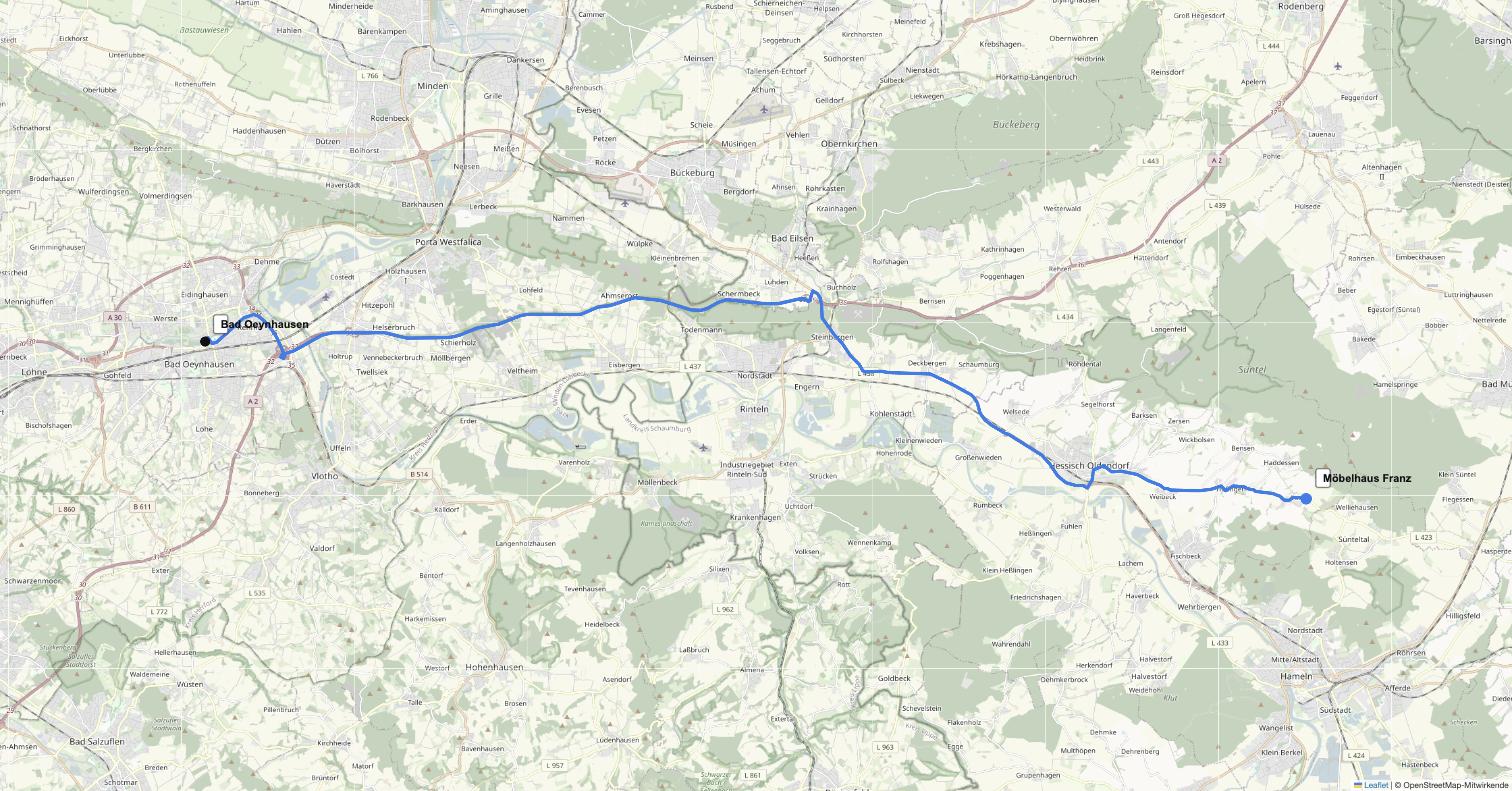 Anfahrt von Bad Oeynhausen zu Möbelhaus Franz in Pötzen