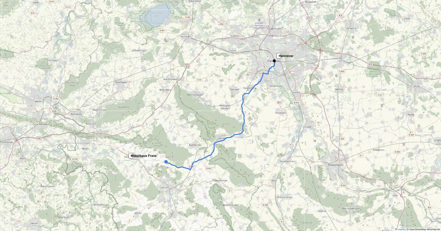 Anfahrt von Hannover zu Möbelhaus Franz in Pötzen