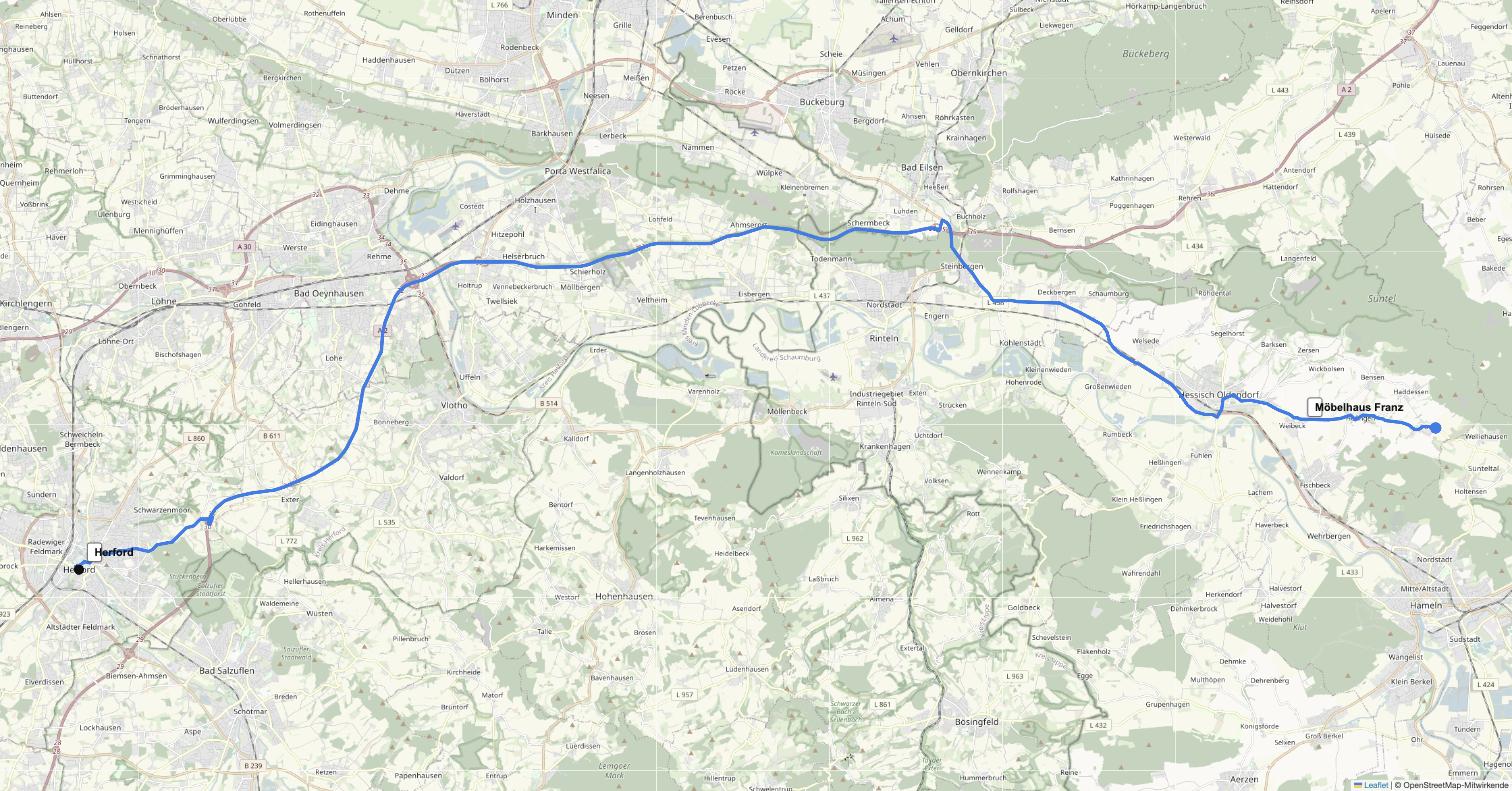 Anfahrt von Herford zu Möbelhaus Franz in Pötzen