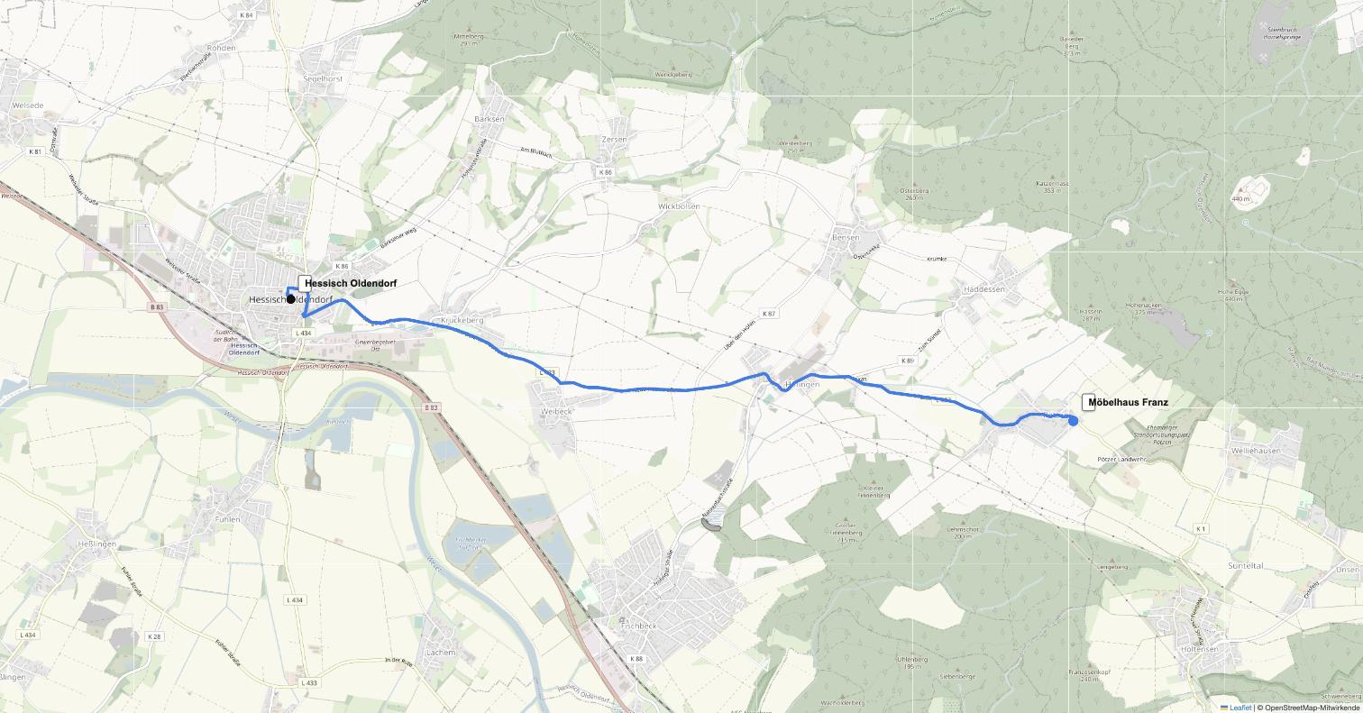 Anfahrt von Hessisch Oldendorf zu Möbelhaus Franz in Pötzen
