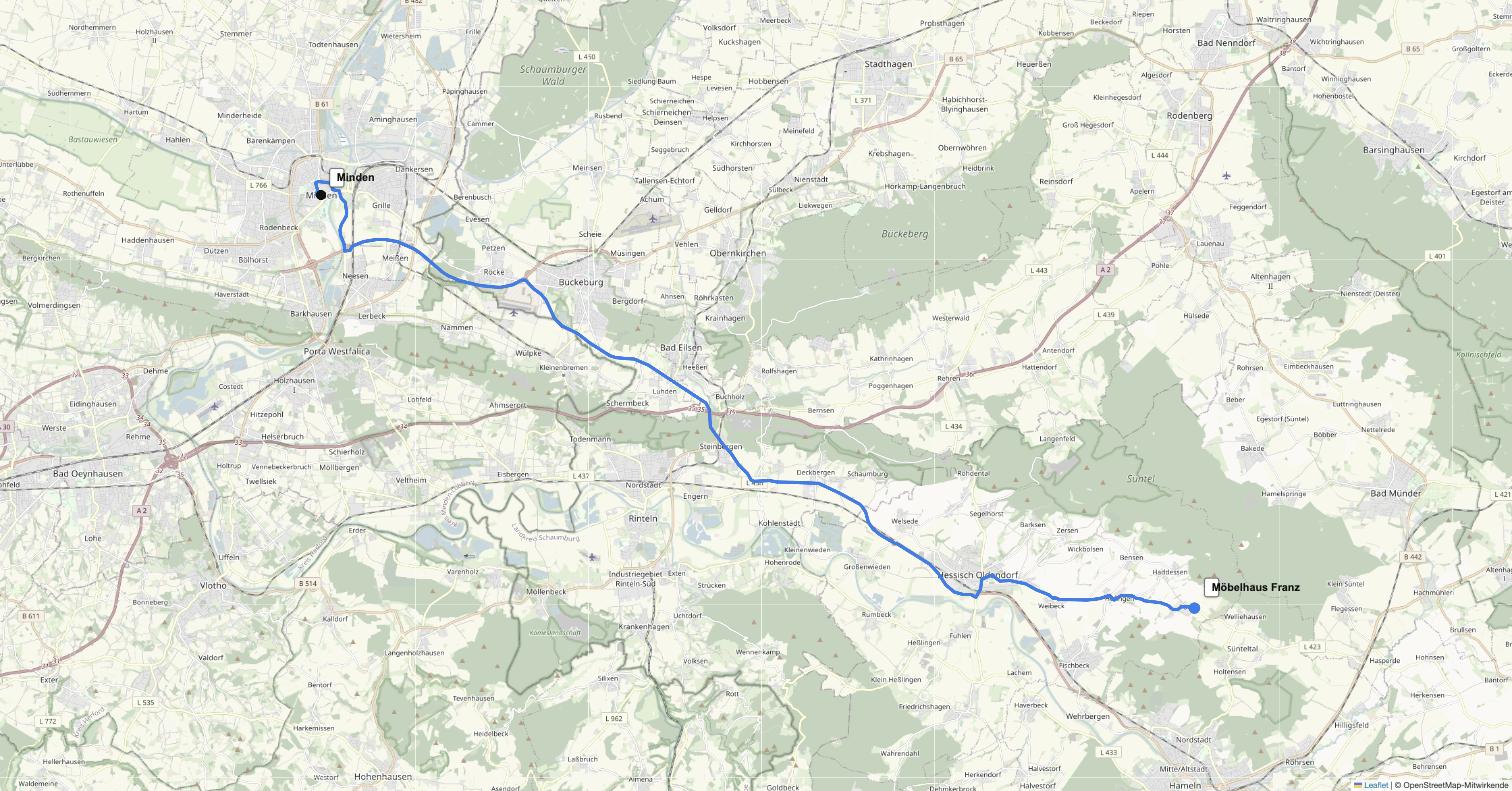 Anfahrt von Minden zu Möbelhaus Franz in Pötzen