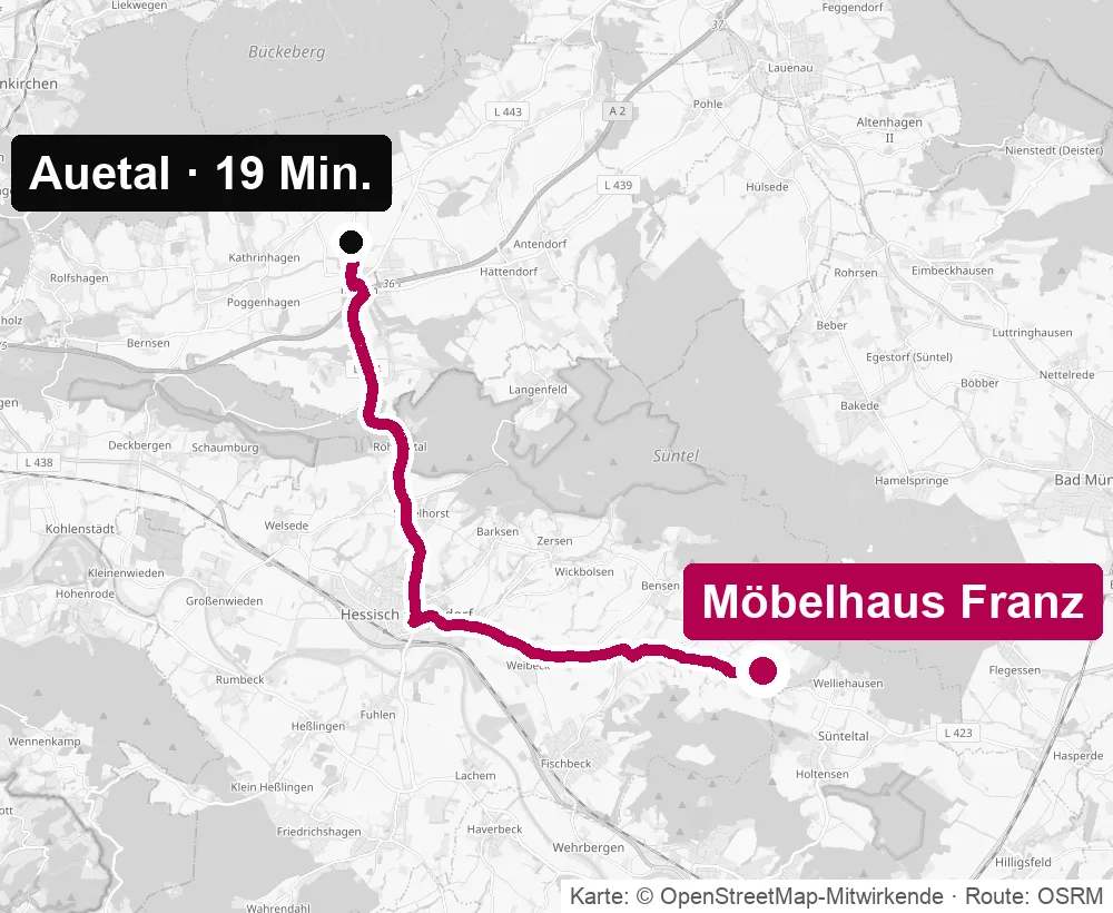 Anfahrtskarte vom Auetal zum Küchenstudio Möbelhaus Franz in Pötzen