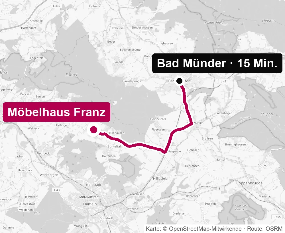 Anfahrtskarte von Bad Münder zum Küchenstudio Möbelhaus Franz in Pötzen