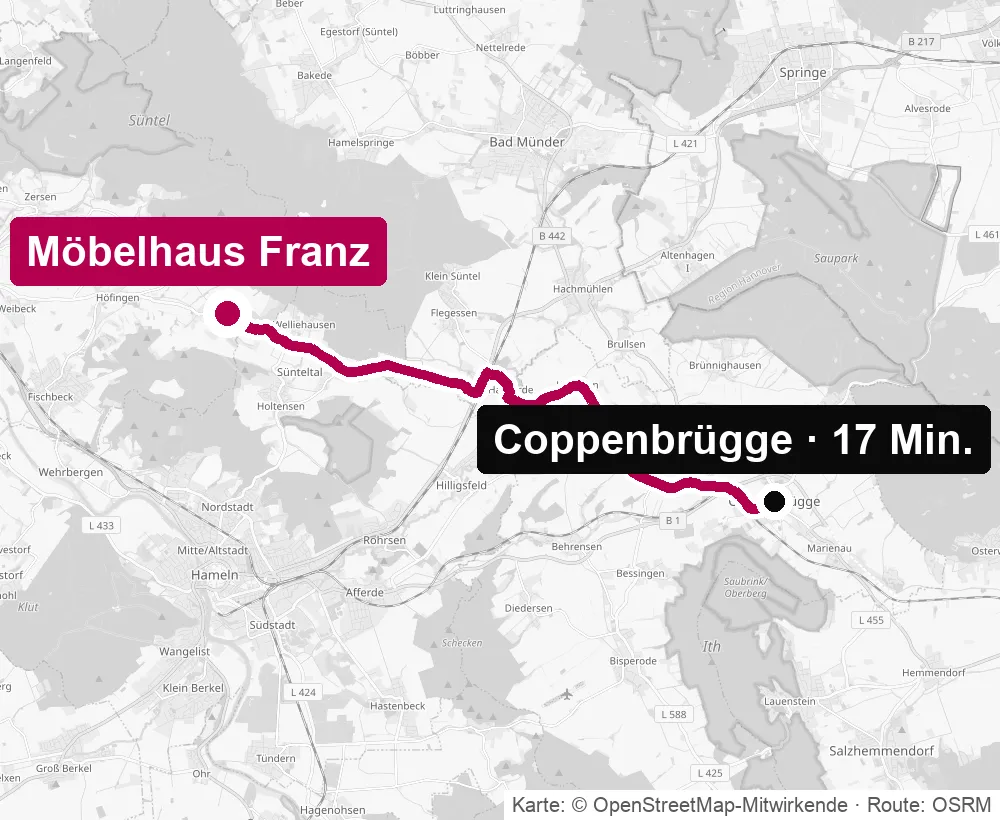 Anfahrtskarte von Coppenbrügge zum Küchenstudio Möbelhaus Franz in Pötzen