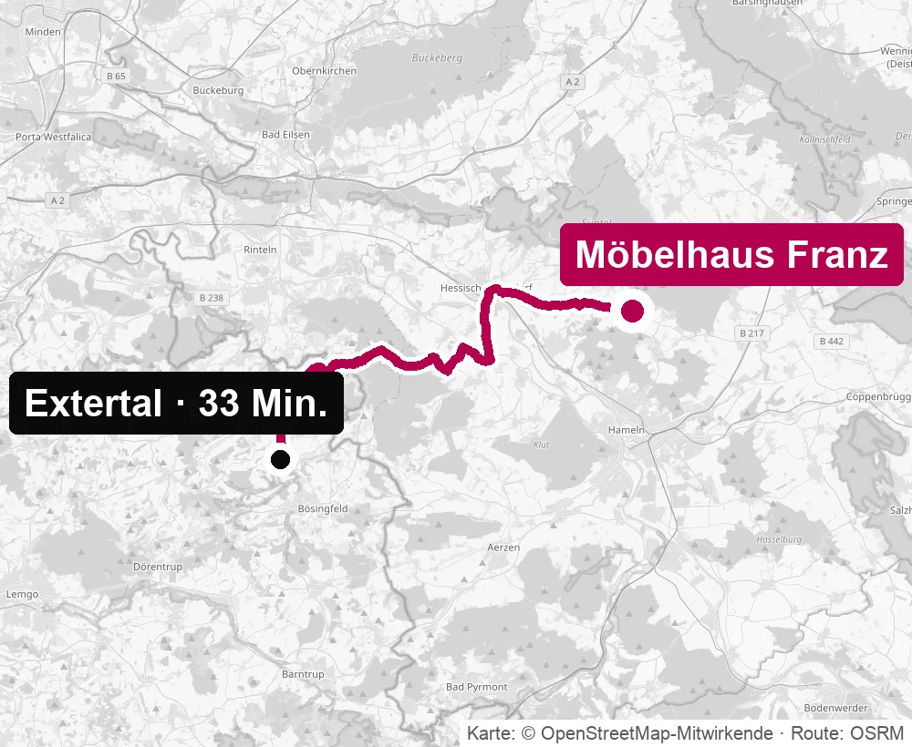 Anfahrtskarte von Extertal zum Küchenstudio Möbelhaus Franz in Pötzen