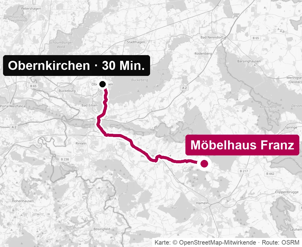 Anfahrtskarte von Obernkirchen zum Küchenstudio Möbelhaus Franz in Pötzen